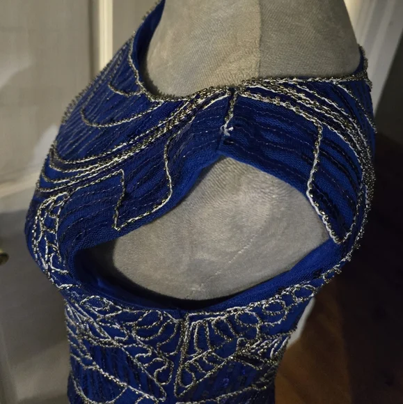 Sequins beads & stitching ROYAL blue flapper-style dress long fringe sz S - Picture 2 of 10